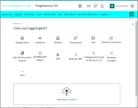 Screenshot del sistema LMS di Brightspace di D2L che evidenzia l'elenco a discesa Attività esistenti in un corso.
