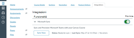 Scheda Integrazione con funzionalità per la sincronizzazione Microsoft