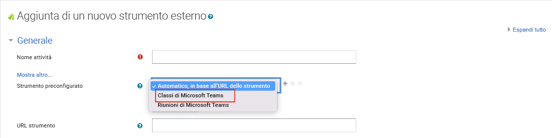 Screenshot di Moodle, aggiunta di uno strumento preconfigurato