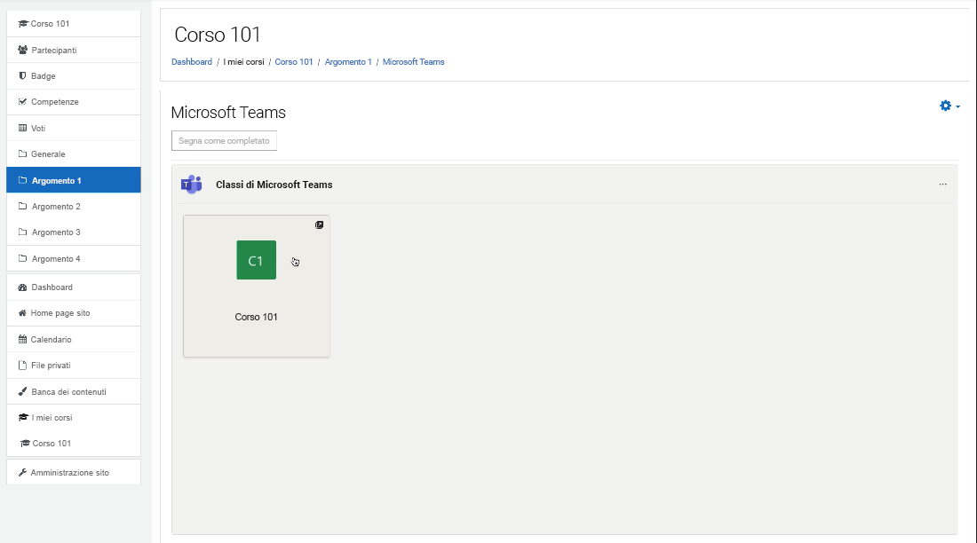 Screenshot di Moodle, selezione del team di classe