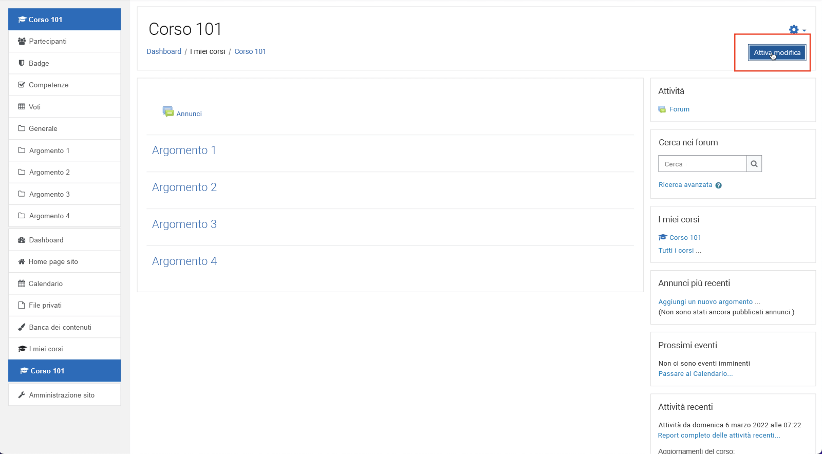 Screenshot di Moodle, attivazione della modifica nell'angolo in alto a destra