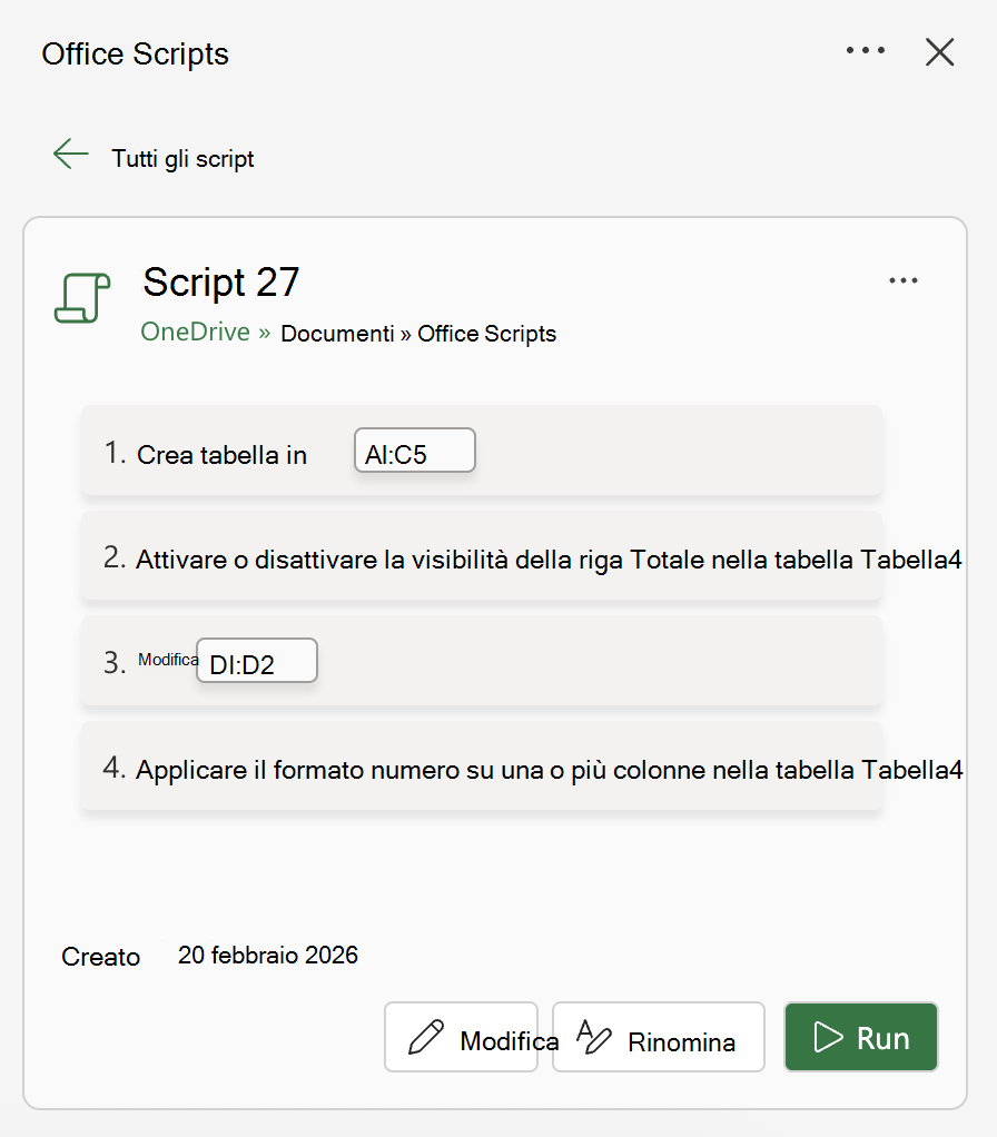 Uno script registrato che crea una tabella, attiva o disattiva la visibilità di una riga, modifica una cella e applica la formattazione dei numeri.