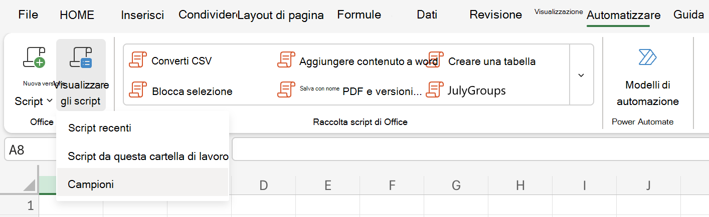 Selezionare Automatizza per visualizzare le opzioni di Office Script.
