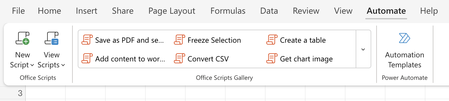 Selezionare Automatizza per visualizzare le opzioni di Office Script.