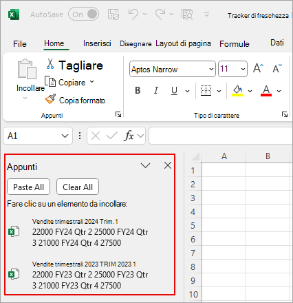 Screenshot che mostra gli Appunti di Excel con clip.