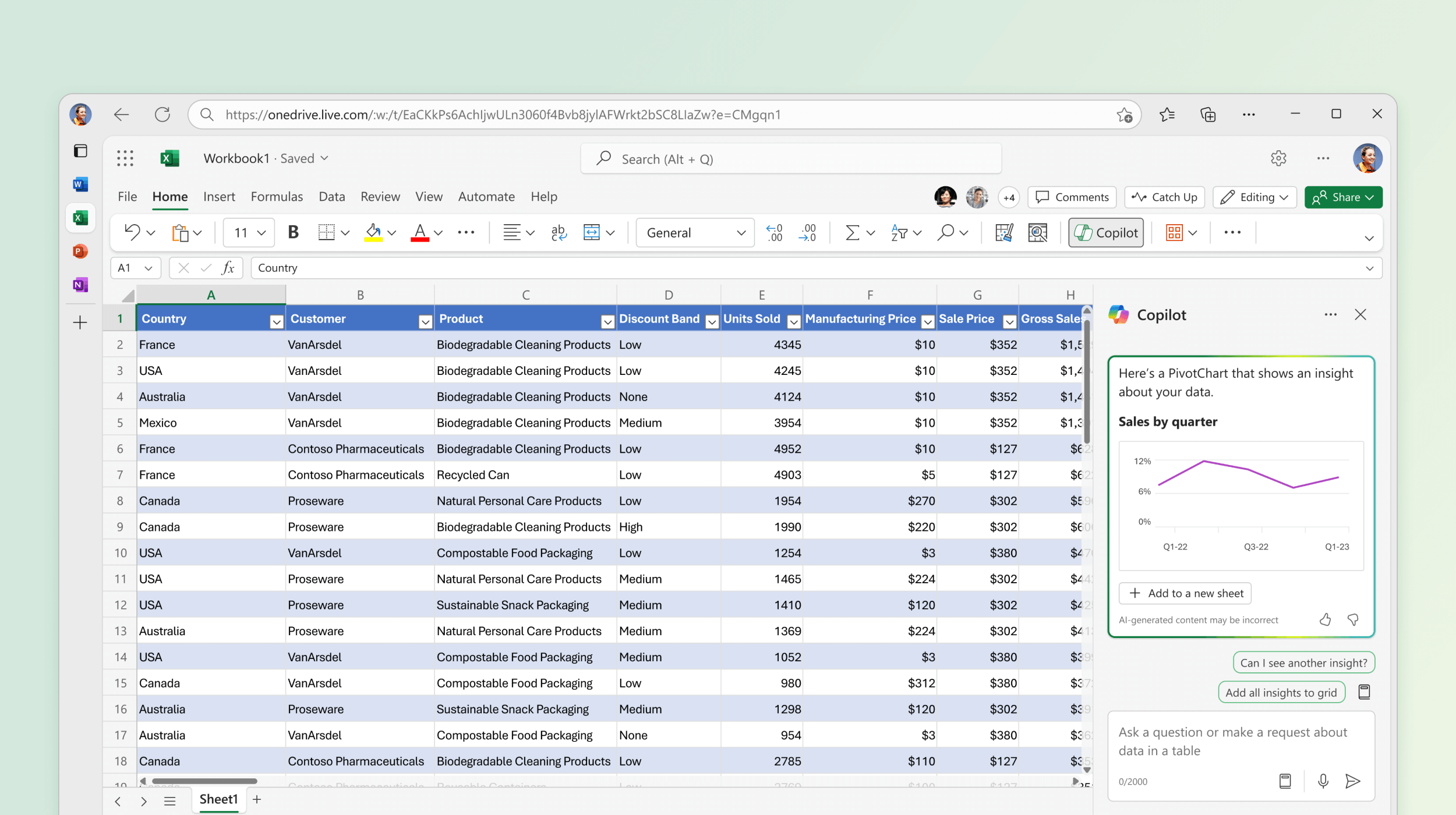 Screenshot che mostra Copilot in Excel che identifica le informazioni dettagliate dai dati esistenti.