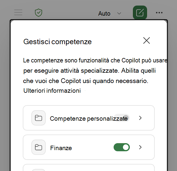 Screenshot della finestra di dialogo Gestisci competenze di Copilot in Excel.