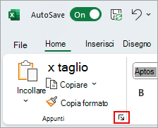 Screenshot che mostra dove trovare la casella di visualizzazione degli Appunti di Excel.