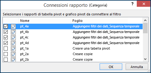 Connessioni a report del filtro dei dati da Opzioni strumenti > filtro dati