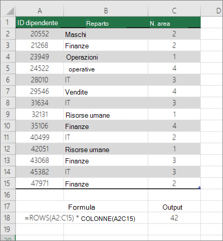 Esempio di funzione RIGHE e COLONNE per contare il numero di celle in un intervallo