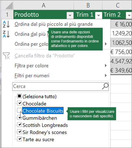 Ordinare o applicare un filtro alla tabella