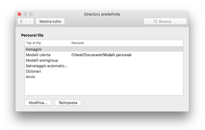 Screenshot del riquadro delle preferenze Percorsi file di Microsoft Word