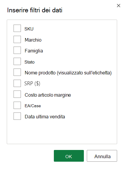 Screenshot delle opzioni di Inserisci filtro dei dati.