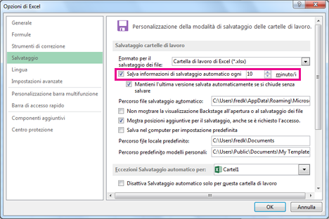 Opzione per il salvataggio automatico nella scheda Salva della finestra di dialogo Opzioni di Excel