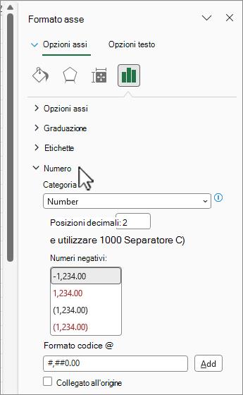 Opzione Numero nel riquadro Formato asse