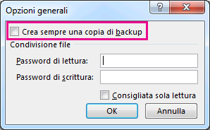 Opzione Crea sempre una copia di backup nella finestra di dialogo Opzioni generali