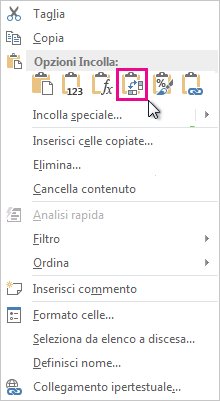 Menu Opzioni Incolla