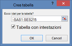 Finestra Crea tabella