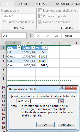 Ridimensiona tabella