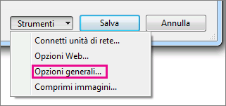 Opzioni generali nel menu Strumenti