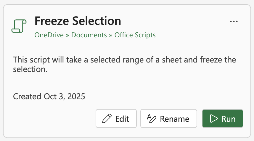 Selezionare Esegui nella scheda Office Script per eseguire lo script.