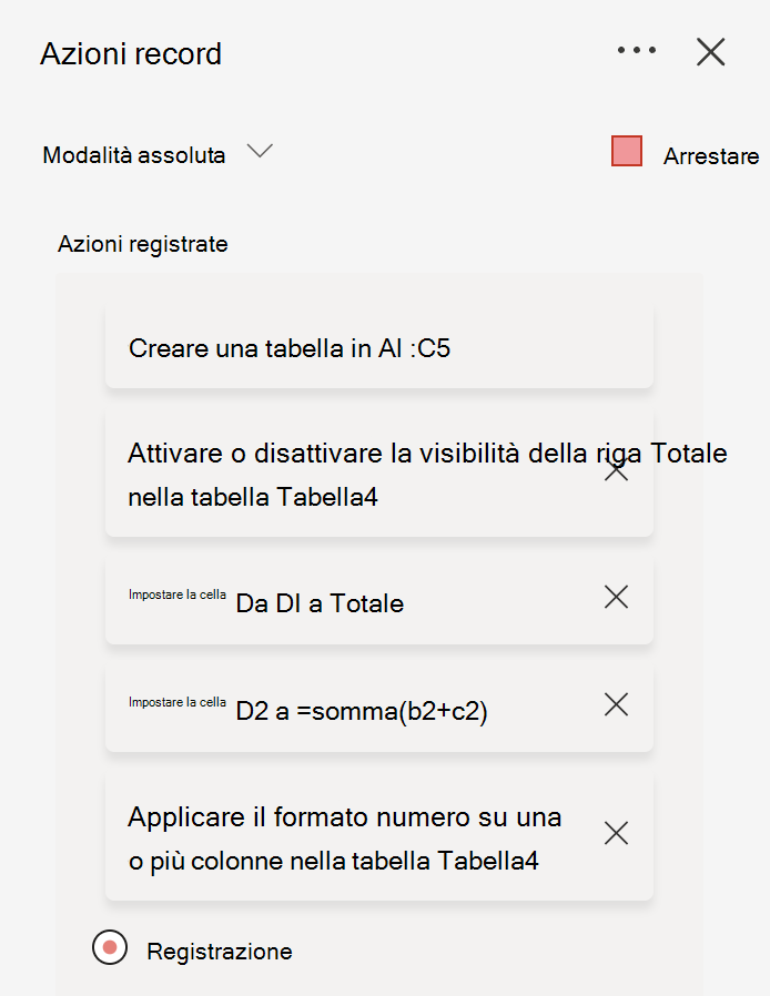 Registrare le azioni di Excel con il registratore azioni