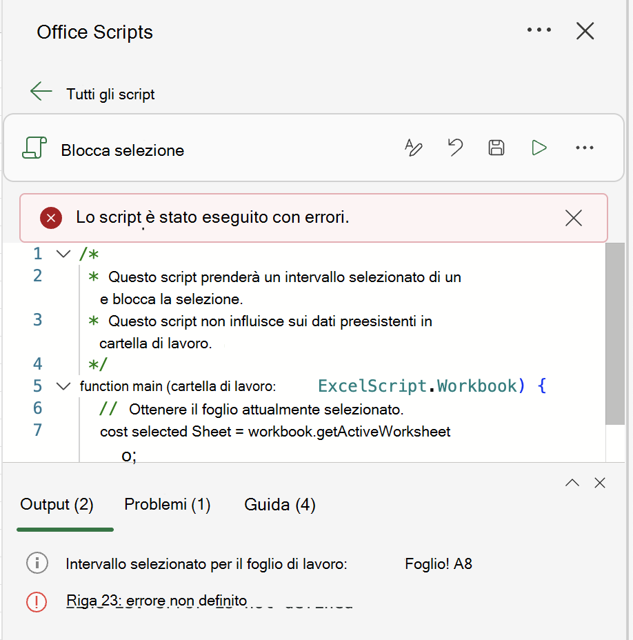 Consulta gli errori di script nel log di output.