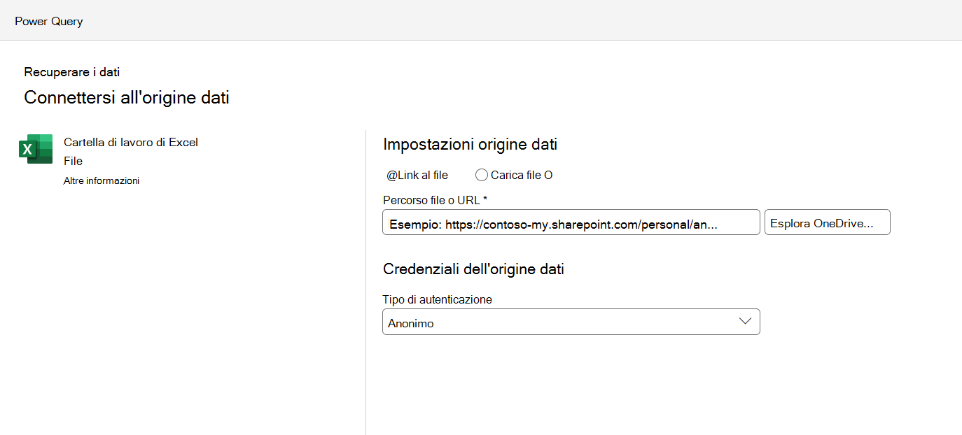 Menu Impostazioni connessione origine dati