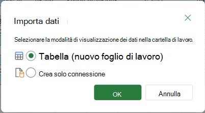 Opzioni Importa dati visualizzate quando si sceglie l'opzione Chiudi & Carica in.