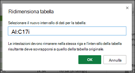Finestra di dialogo Ridimensiona tabella
