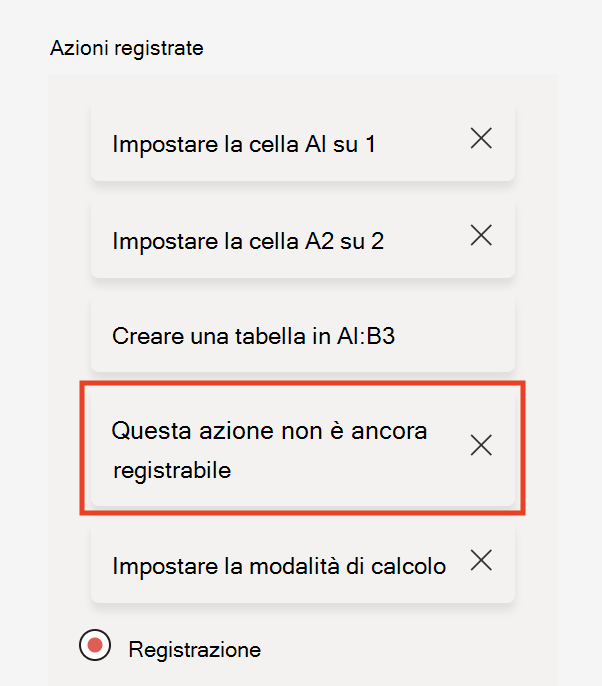 Il registratore azioni mostra Questa azione non è ancora registrabile se non è supportata.