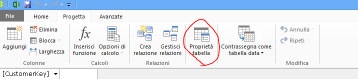 Barra multifunzione della finestra di PowerPivot con il comando Proprietà tabella