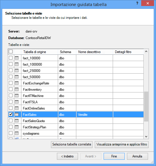 Importazione guidata tabella nel componente aggiuntivo PowerPivot