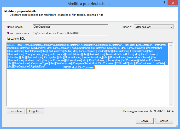 Query SQL utilizzata per recuperare i dati