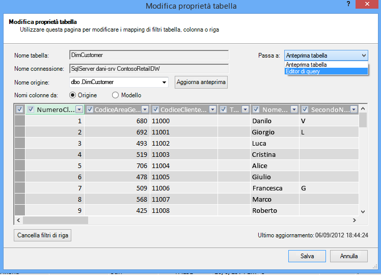 Aprire l'editor di query dalla finestra di dialogo Proprietà tabella