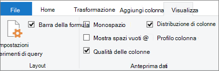Opzioni di profilatura dei dati nella scheda Visualizza della barra multifunzione di editor di Power Query