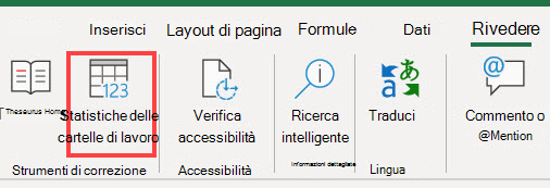 Comando Workbook Statistics sulla barra multifunzione Excel