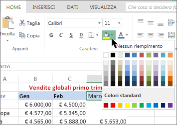 Pulsante e opzioni per il riempimento sulla barra multifunzione