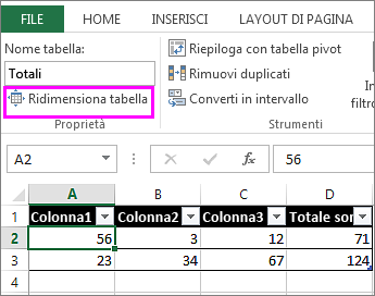 Uso dell'opzione Ridimensiona tabella in Strumenti tabella