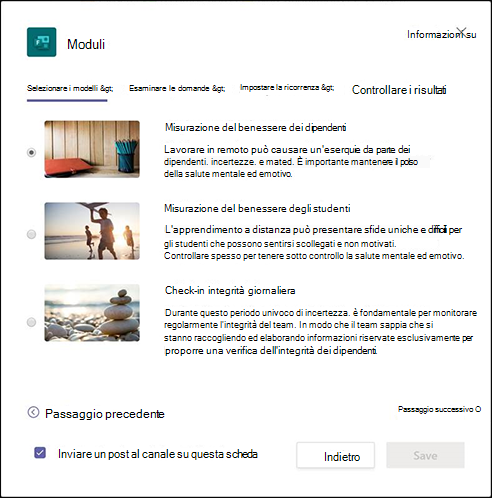 Finestra di dialogo di Forms in Teams che descrive il modello di misurazione del benessere dei dipendenti e inizia a creare il flusso di lavoro