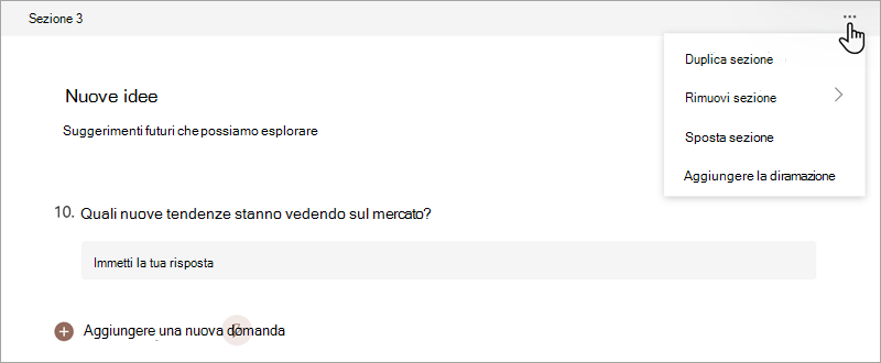 Screenshot che mostra come organizzare le sezioni in un modulo o un test in Microsoft Forms.