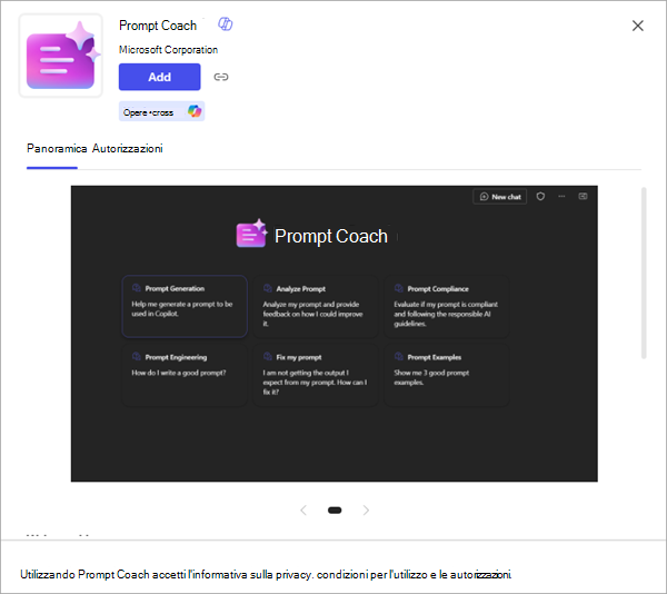 Screenshot di un'app che mostra altri dettagli e l'opzione per aggiungerla a Microsoft 365 Copilot.