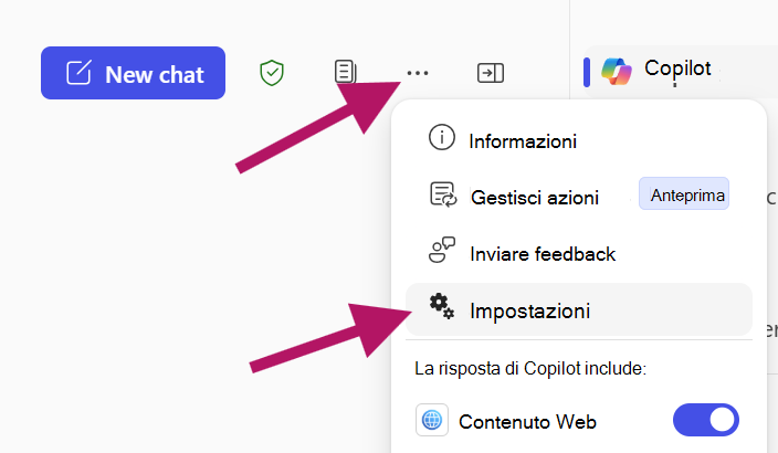 Il menu Chat copilot e altro ancora espanso e una freccia che punta a Impostazioni.