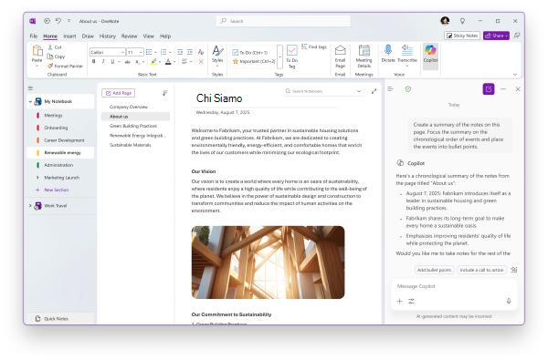 Screenshot della pagina di OneNote che mostra il riquadro Copilot Chat