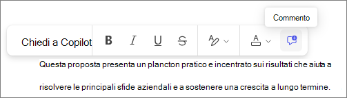 Pulsante Commento visualizzato quando si evidenzia il testo in Pagine Copilot.