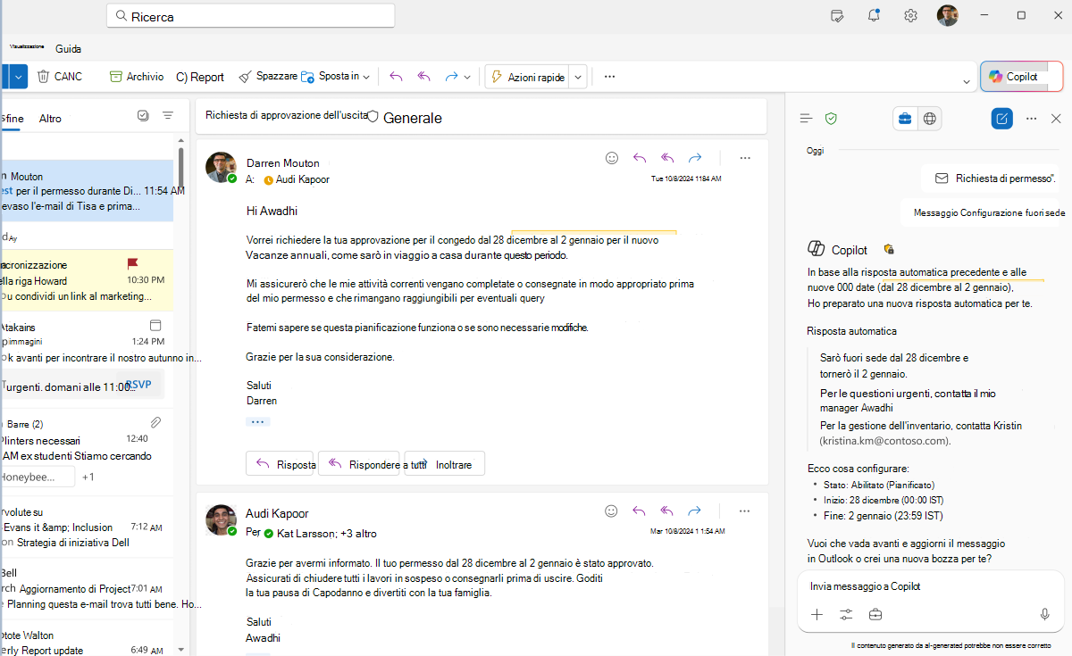 Screenshot della risposta di Copilots per creare una risposta automatica in Copilot in Outlook