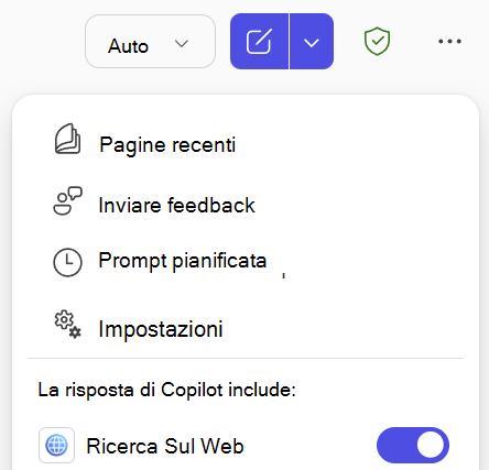 Screenshot dell'interruttore Ricerca Web in Copilot Chat