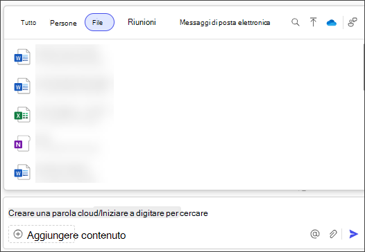 Scheda File in Microsoft 365 Copilot Chat con l'icona del file sovrapposto a destra accanto all'icona della nuvola blu.