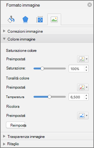 Regolare le impostazioni di saturazione del colore nel riquadro Formato immagine