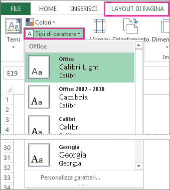 Raccolta Tipi di carattere nella scheda Layout di pagina
